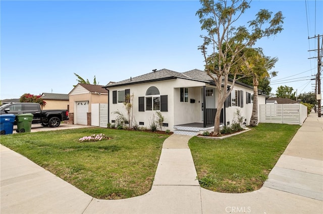 bungalow-style home featuring stucco siding, fence, a front yard, an attached garage, and crawl space