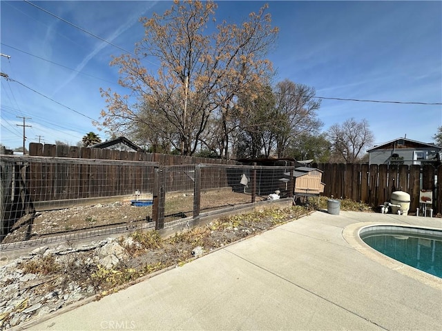 view of swimming pool featuring a fenced backyard and a patio area