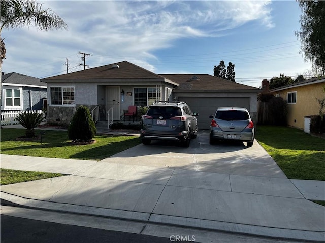 ranch-style house featuring a front yard, concrete driveway, a garage, and stucco siding