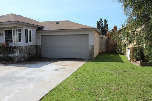 exterior space with stucco siding, stone siding, a front lawn, and driveway