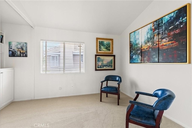 living area with carpet floors and vaulted ceiling