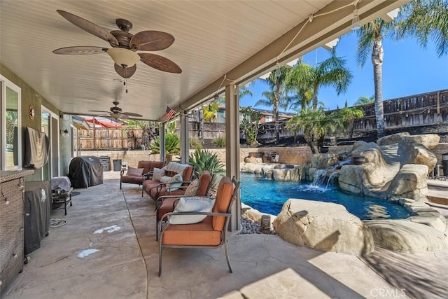 view of patio featuring an outdoor living space, a fenced in pool, a fenced backyard, a grill, and a ceiling fan