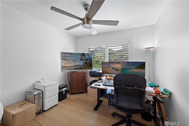 office space featuring light wood finished floors and a ceiling fan