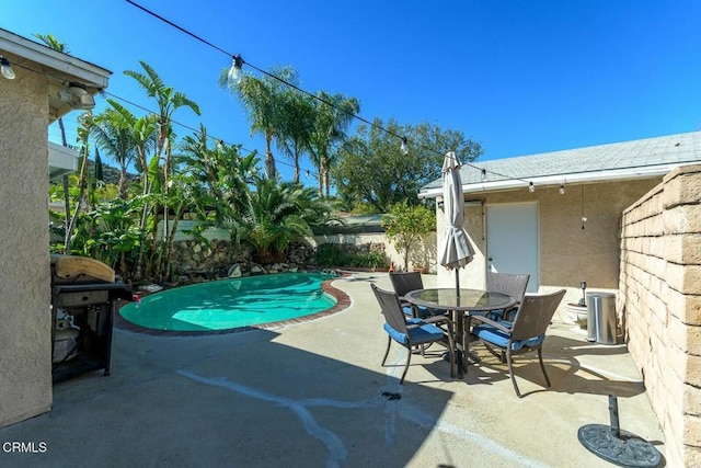 view of pool featuring a fenced in pool, a patio, area for grilling, and outdoor dining space