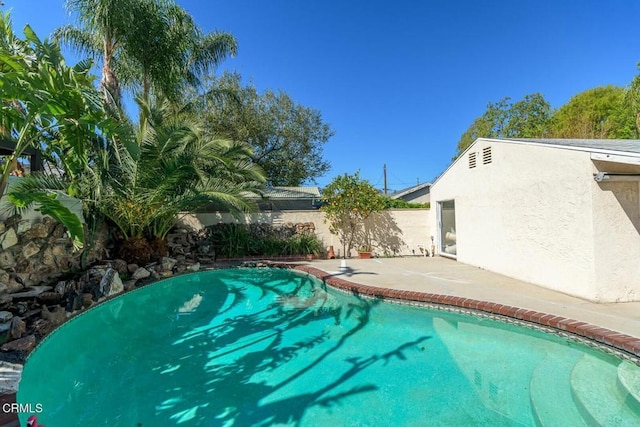 view of swimming pool featuring a fenced in pool, a patio, and fence private yard