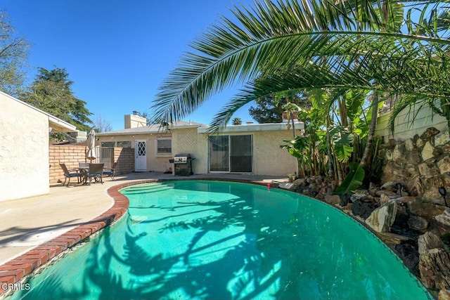 pool featuring a patio area, grilling area, and fence