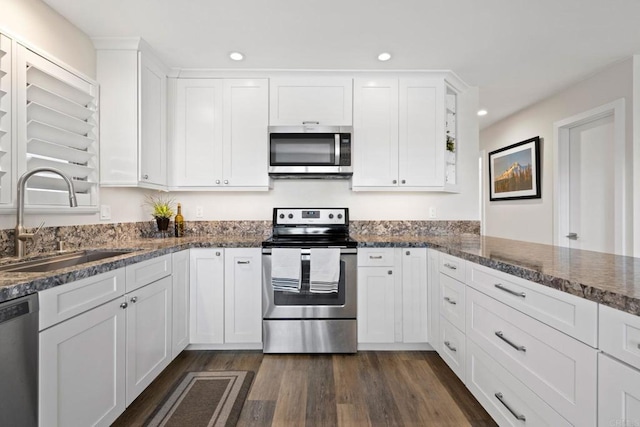 kitchen featuring a sink, white cabinets, stainless steel appliances, dark wood finished floors, and recessed lighting
