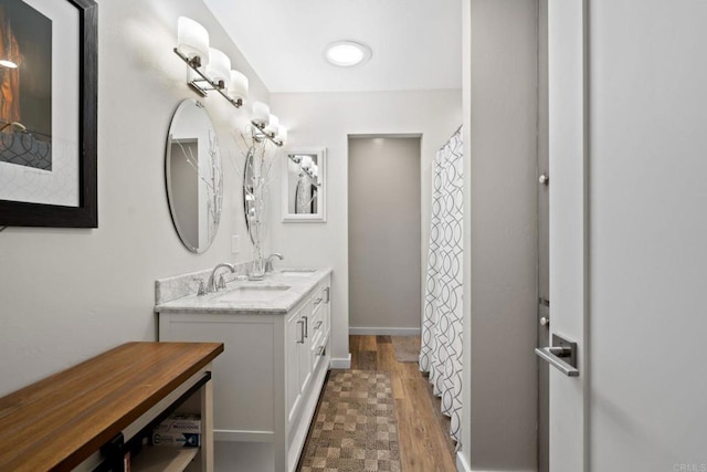 full bathroom featuring baseboards, wood finished floors, a sink, and double vanity