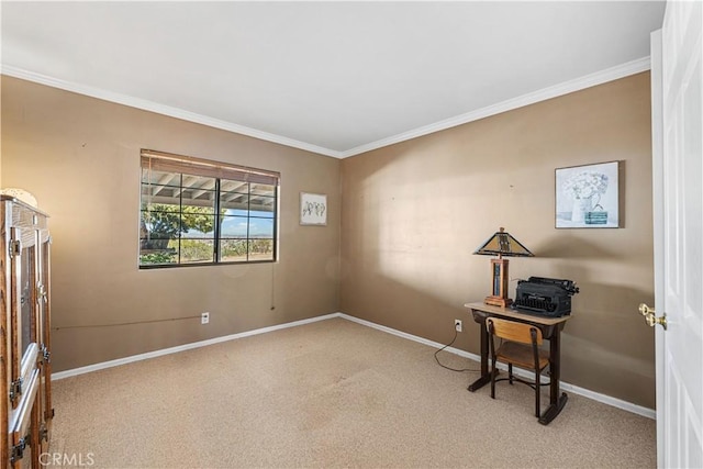 office area featuring carpet flooring, baseboards, and ornamental molding