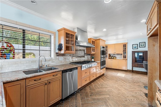 kitchen with ornamental molding, a sink, backsplash, range hood, and appliances with stainless steel finishes