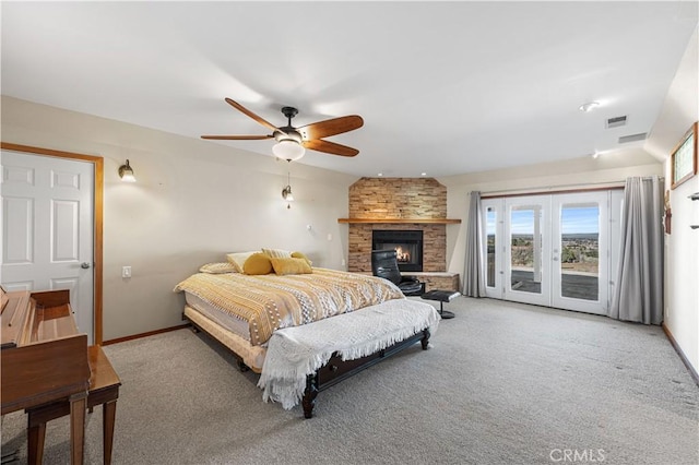 bedroom featuring baseboards, visible vents, ceiling fan, access to outside, and carpet flooring