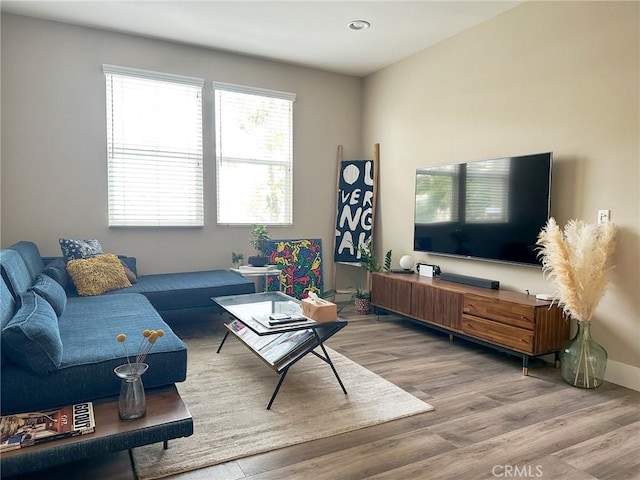 living room featuring wood finished floors and baseboards