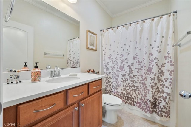 full bathroom with tile patterned flooring, toilet, vanity, and ornamental molding