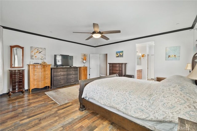 bedroom with ceiling fan, wood finished floors, and ornamental molding