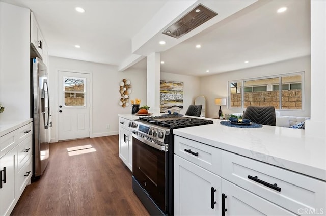 kitchen with dark wood-type flooring, a wealth of natural light, recessed lighting, and appliances with stainless steel finishes