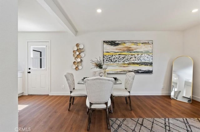 dining room with recessed lighting, baseboards, beam ceiling, and wood finished floors