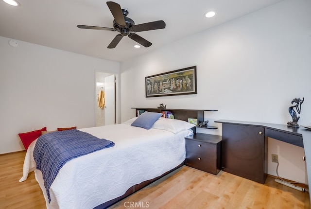 bedroom with recessed lighting, light wood-type flooring, and a ceiling fan