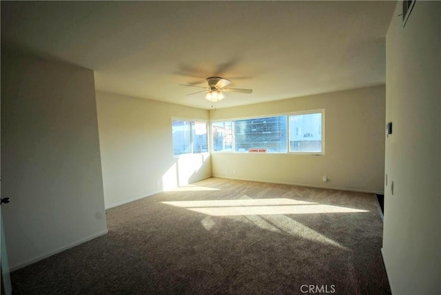 spare room with carpet, baseboards, and ceiling fan