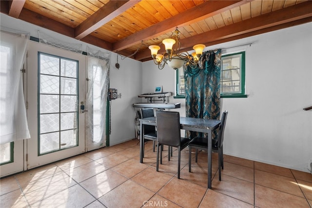 dining space with beam ceiling, an inviting chandelier, wooden ceiling, and light tile patterned flooring