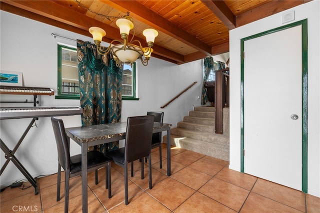 dining area featuring stairs, beam ceiling, wooden ceiling, tile patterned floors, and a notable chandelier