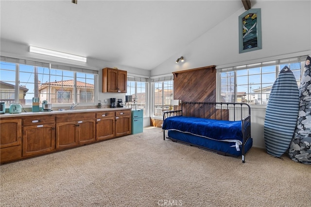 bedroom featuring light colored carpet and high vaulted ceiling