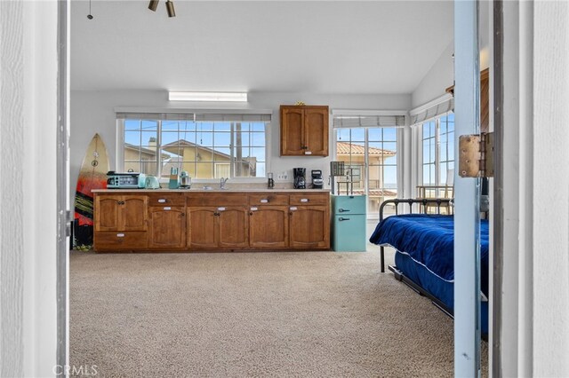 interior space featuring lofted ceiling, a sink, light countertops, light carpet, and brown cabinets