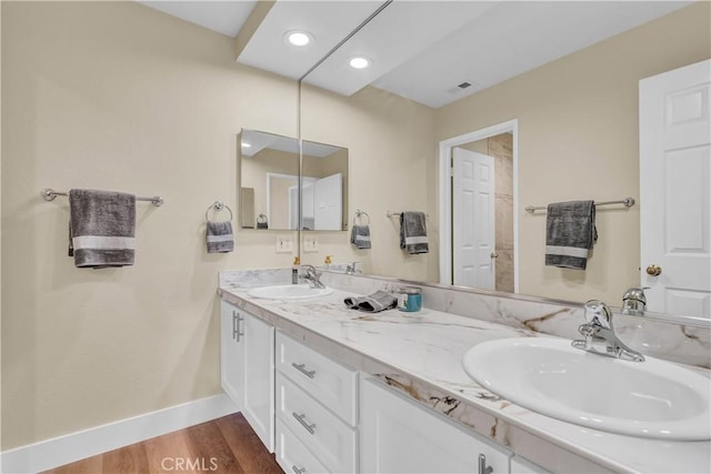 bathroom with double vanity, wood finished floors, baseboards, and a sink