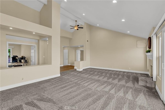 unfurnished living room featuring carpet, baseboards, a fireplace, recessed lighting, and ceiling fan