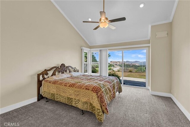 carpeted bedroom featuring high vaulted ceiling, a ceiling fan, crown molding, baseboards, and access to exterior