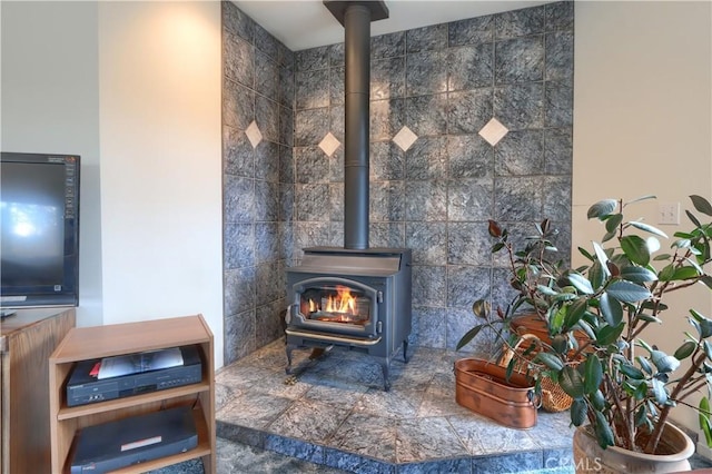 room details with a wood stove