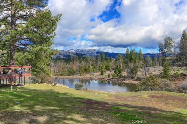 view of water feature featuring a mountain view and a view of trees