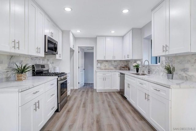 kitchen with a sink, stainless steel appliances, light stone countertops, and light wood-style flooring