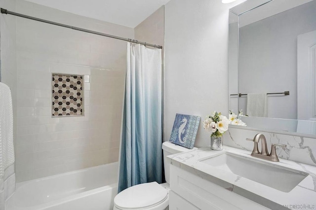 full bathroom with toilet, vanity, and shower / bathtub combination with curtain