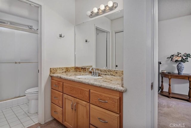 full bath with tile patterned floors, a shower, toilet, and vanity