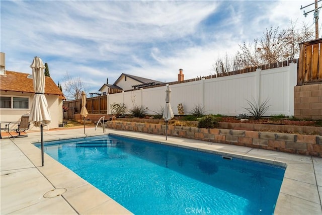 view of pool featuring a fenced backyard, a fenced in pool, and a patio