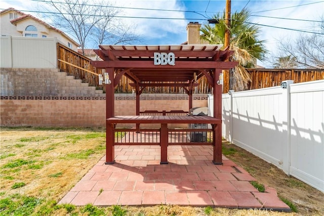 view of patio / terrace with a fenced backyard and a pergola