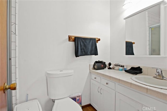 bathroom with a shower with door, toilet, and vanity