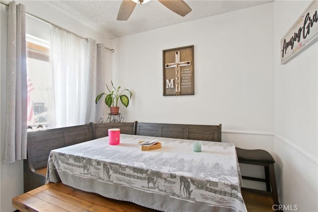 dining space featuring ceiling fan and a textured ceiling