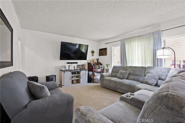 living area featuring carpet and a textured ceiling