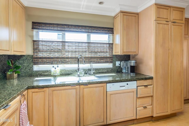 kitchen featuring dishwasher, crown molding, a sink, and light brown cabinetry