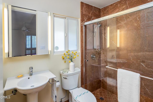 bathroom with a shower stall, toilet, and a sink