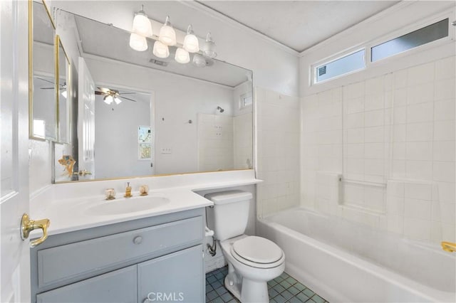 bathroom featuring tile patterned floors, vanity, ceiling fan, shower / tub combination, and toilet