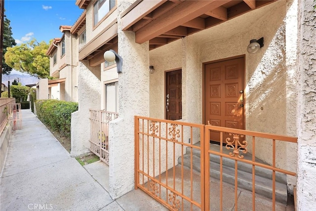 view of exterior entry with stucco siding