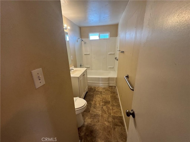 full bathroom with toilet, vanity, shower / bathing tub combination, and baseboards