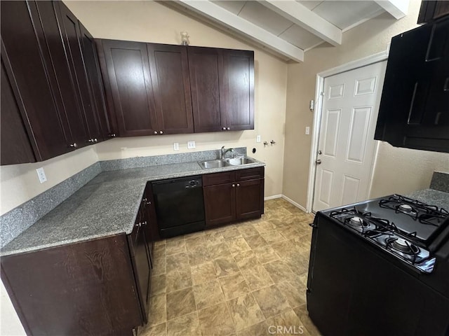 kitchen with dark brown cabinets, vaulted ceiling with beams, baseboards, black appliances, and a sink