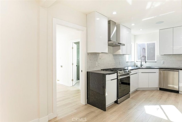 kitchen with appliances with stainless steel finishes, modern cabinets, wall chimney exhaust hood, and a sink