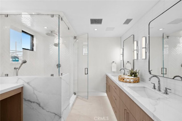 20 Balboa Cvs, Newport Beach, CA 92663 - bathroom with a stall shower, double vanity, a sink, and visible vents