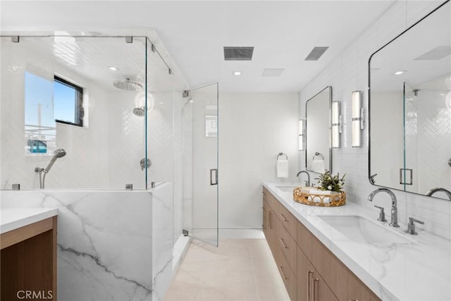 20 Balboa Cvs, Newport Beach, CA 92663 - bathroom featuring double vanity, a marble finish shower, and recessed lighting