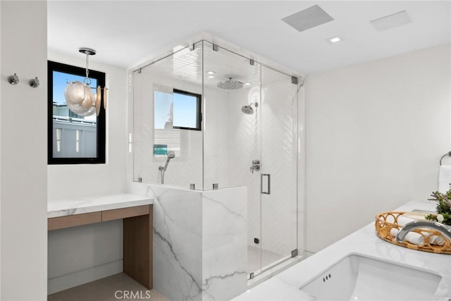20 Balboa Cvs, Newport Beach, CA 92663 - full bathroom featuring vanity, visible vents, and a marble finish shower