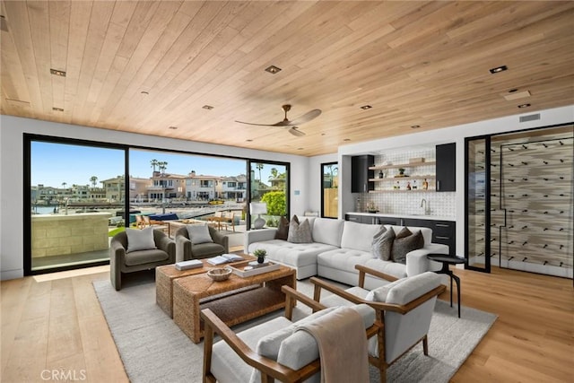 20 Balboa Cvs, Newport Beach, CA 92663 - living area with wood ceiling, light wood-style flooring, a bar, and ceiling fan